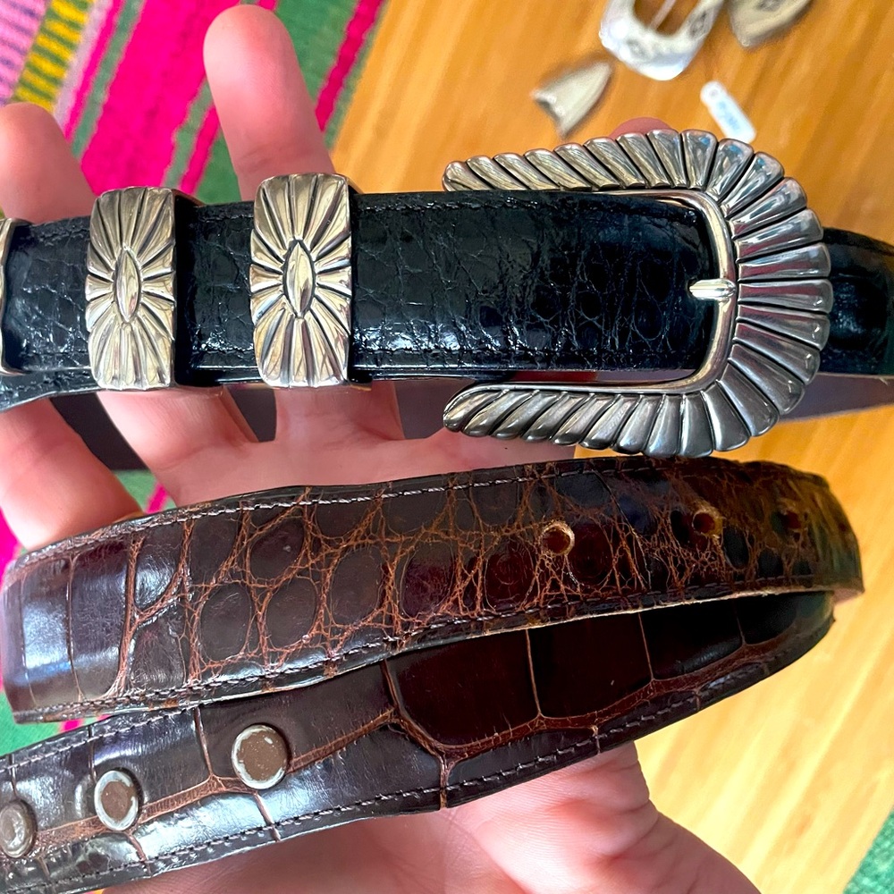 Douglas Magnus & Genuine Alligator Set of2 Belts 26” Blk&Brwn w/Solid 925 Buckle